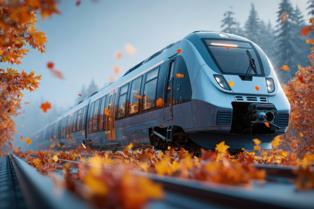 A sleek train moves along tracks surrounded by vibrant autumn foliage. Golden and red leaves flutter down, creating a picturesque setting of nature and technology in harmony.の素材