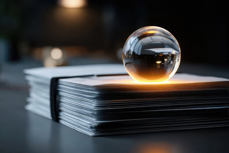 A crystal sphere rests on a neat stack of papers, casting a warm glow in a low-light environment, creating a contrast between light and shadow, enhancing the peaceful atmosphere.の素材