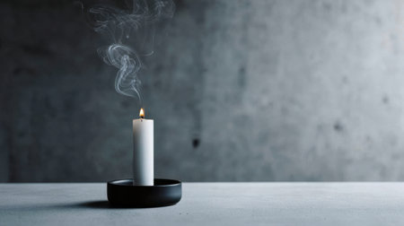 A white candle burns steadily on a black holder, releasing gentle wisps of smoke. The gray background adds a minimalistic touch, enhancing the peaceful atmosphere of the moment.の素材