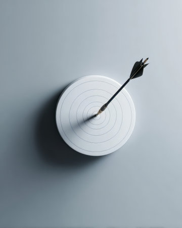 An arrow strikes the center of a target, showcasing precision and skill. The targets concentric circles emphasize the achievement of hitting the bullseye in a calm setting.の素材
