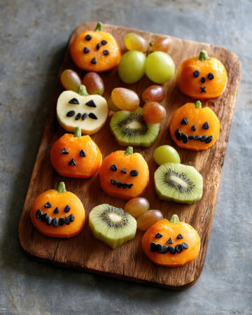 A festive fruit platter features orange fruit shaped like pumpkins and a ghost, decorated with edible markers. Various grapes and kiwi add vibrant colors to the Halloween-themed treat.の素材