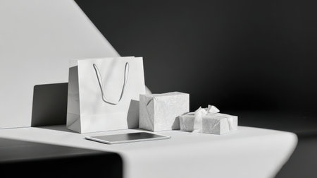 Gift bags and wrapped presents are artfully placed on a sleek surface, complementing a tablet. The monochrome setting emphasizes simplicity and elegance in design.の素材