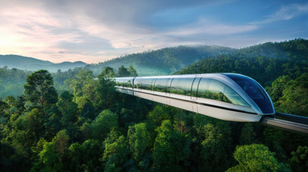A futuristic train travels smoothly on a elevated track surrounded by dense trees and vibrant greenery under a tranquil sky at dawn. Nature scenery enhances its sleek design.の素材