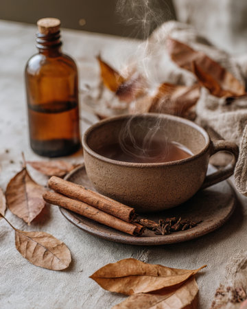 A steaming cup of herbal tea sits on a rustic plate, surrounded by dried leaves and a small amber bottle. The cozy atmosphere highlights the warmth of the beverage.の素材