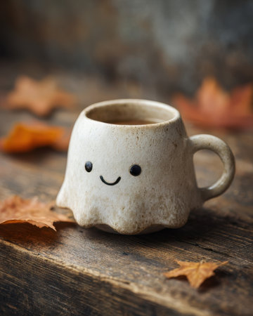 A charming ghost-shaped mug sits on a rustic wooden table surrounded by autumn leaves. The mug features a smiling face, enhancing the cozy atmosphere of the setting.の素材