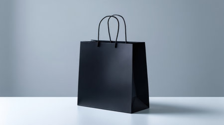 A sleek black shopping bag stands upright on a white table against a gray background. The bags minimalist design features smooth lines and sturdy handles, ideal for various purchases.の素材