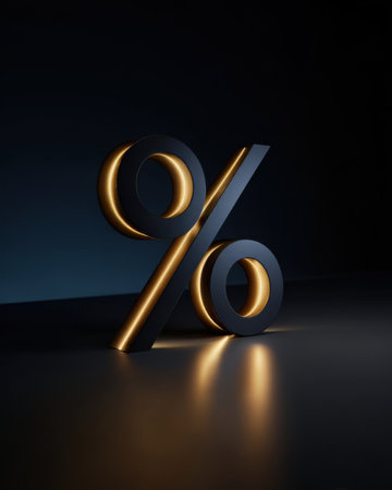 A modern percent symbol stands prominently with a soft glow, highlighting its curves against a dark backdrop. The lighting enhances its sleek design, creating a striking visual effect.の素材