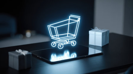 A neon outline of a shopping cart appears above a sleek tablet resting on a dark surface, surrounded by two small wrapped gifts, creating an inviting e-commerce atmosphere.の素材