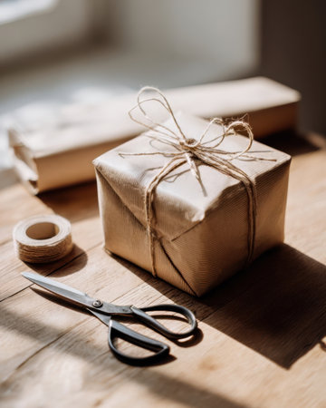A wrapped gift sits on a wooden table next to a roll of twine and open scissors, showcasing the intricate details of wrapping during a sunny afternoon.の素材
