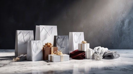 A collection of elegant gift bags and boxes sits on a marble surface, showcasing festive ribbons and bows. Textiles like soft blankets and holiday decorations add a cozy touch.の素材