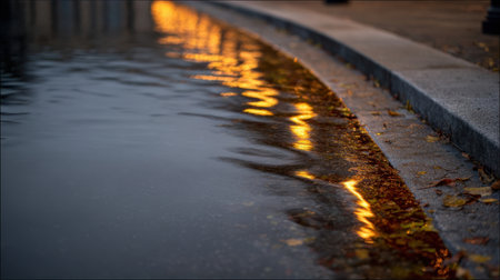 Golden reflections dance on the calm water surface beside a cobblestone pathway. Autumn leaves float gently along the edges, creating a serene evening atmosphere.の素材