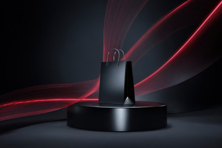 A black shopping bag stands proudly on a glossy podium, surrounded by flowing light patterns. The elegant design highlights the bags simplicity and modern appeal.の素材