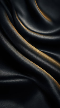 A close-up view of smooth black satin fabric showcases elegant folds and a subtle sheen, creating a sense of richness and softness in the material. The gentle waves highlight the texture.の素材