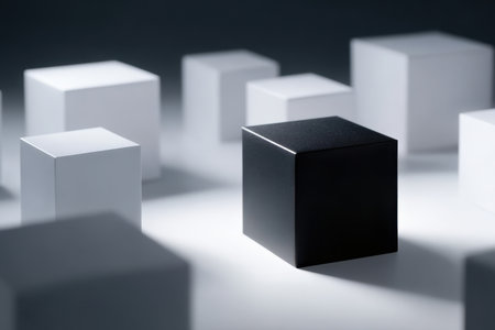A series of white and black cubes are strategically placed on a surface. The contrasting colors create an engaging visual effect under soft lighting, emphasizing depth and form.の素材