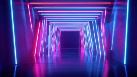 A vibrant corridor showcases an array of neon lights in blue and pink. The walls are reflective, enhancing the bright colors and creating a dynamic atmosphere.の素材