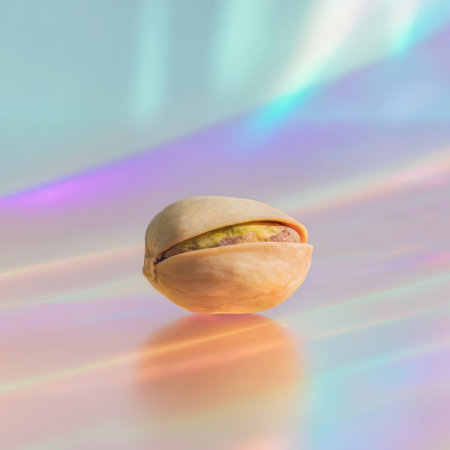 A single pistachio nut rests on a shiny, iridescent surface that reflects soft pastel colors. The nut is partially open, revealing its vibrant green insides and brown shell.の素材