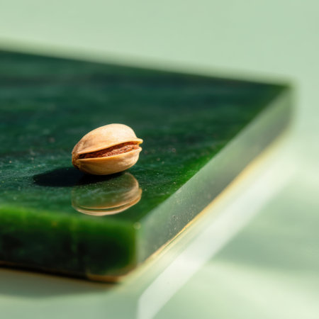 A single pistachio nut is placed on a polished green stone surface, showcasing its natural texture and color. The soft daylight highlights the nut's shell and the stone.の素材
