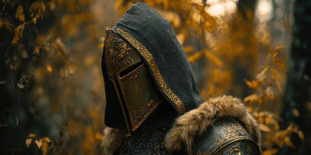 A lone figure wears ornate armor and a hood while navigating through a forest filled with golden autumn leaves. The scene captures a sense of adventure and mystery.の素材