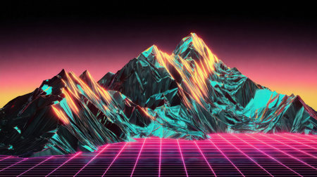 Vivid mountain landscape features sharp peaks glimmering in neon colors. A bright sunset provides a stunning backdrop, creating a dynamic and futuristic scene.の素材