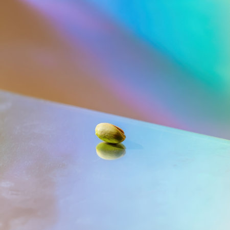 A single pistachio nut rests on a shiny, reflective surface. The background displays soft, colorful hues creating an artistic and vibrant atmosphere.の素材