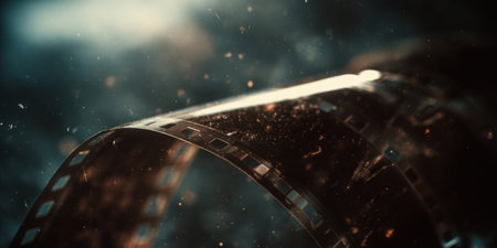 A close-up of a vintage film reel captures light and movement. Dust particles float in the air, adding to the nostalgic feel. The scene evokes memories of classic cinema.の素材