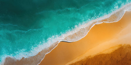Waves crash gently on a golden beach, creating a beautiful contrast against the teal blue water. The sun shines, highlighting the serene atmosphere of the coastline.の素材