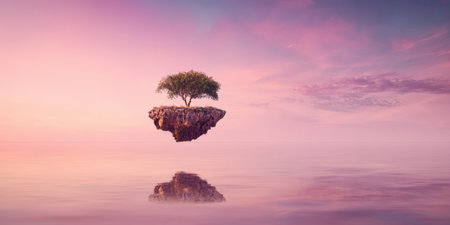 A solitary tree stands on a small piece of land that floats above tranquil water under a picturesque sunset. The sky is painted with soft colors that reflect gently on the surface below.の素材