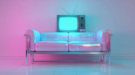 A stylish living room features a shiny white couch illuminated by pink lighting. An old-fashioned television with a turquoise screen adds a nostalgic touch to the decor.の素材