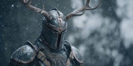 A warrior wearing a detailed suit of armor stands in a snowy environment. The scene captures the warrior's antlered helmet, highlighting their unique appearance against the winter backdrop.の素材