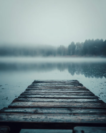 A quiet wooden pier stretches into a serene and misty lake during dawn. Fog hangs low over the water, creating a tranquil and peaceful atmosphere in the early morning light.の素材