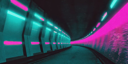 The scene shows a futuristic tunnel bathed in bright neon colors, with vibrant teal and pink lights creating an energetic atmosphere. The curved walls guide the viewer's gaze forward.の素材