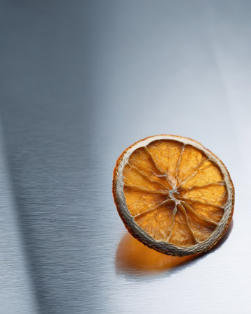 A dried orange slice positioned on a shiny, metallic surface reflects its texture and color. The slice highlights the natural beauty of dried fruit in a minimalist setting.の素材