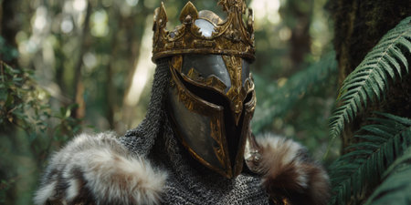 A warrior stands in a lush forest, wearing detailed armor and an impressive crown. The sunlight filters through the trees, highlighting the intricate design of the helmet and fur.の素材
