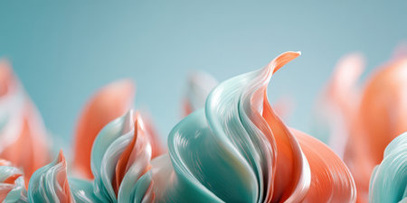 Intricate swirls rise elegantly in shades of pastel orange and teal. This abstract design creates a sense of movement and flow, showing the beauty of artistic expression.の素材