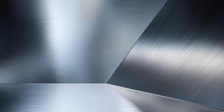 Reflective metal surfaces create a sleek and modern look with light shining off the angles. The textures and shapes add depth to the composition in a minimalistic setting.の素材