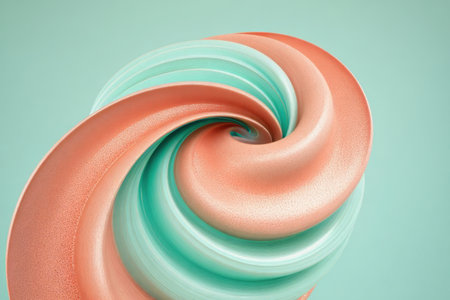 A vibrant spiral combines shades of coral and teal against a smooth backdrop. The artwork creates a sense of motion and depth, inviting viewers to explore its curves and texture.の素材