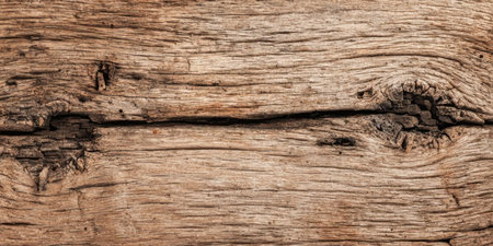 This close-up view shows a weathered wooden surface with rich textures and deep grooves. The aged wood features natural imperfections and variations in color.の素材