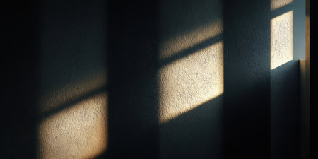 Sunlight filters through a window, creating soft shadows on a textured wall. The warm light highlights the details, giving a serene atmosphere to the room.の素材