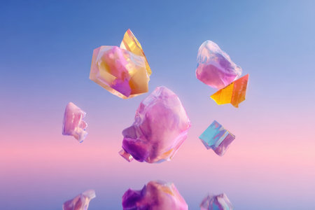 Bright, translucent crystals of various shapes and colors are suspended in the air against a soft gradient sunset background, creating a calming and magical atmosphere.の素材