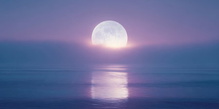 A bright full moon rises slowly over a tranquil ocean. Soft fog blankets the water's surface, creating a serene atmosphere as the gentle waves reflect the moonlight.の素材