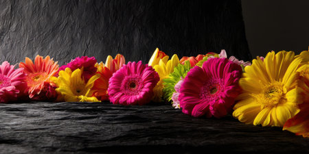 Colorful blooms featuring pink, yellow, and orange flowers are beautifully arranged on a textured dark background, showcasing their vibrant hues in a visually appealing way.の素材
