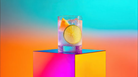A colorful cocktail garnished with a slice of lime and orange sits on a geometric pedestal. The bright background features shades of blue, pink, and yellow, adding energy to the scene.の素材