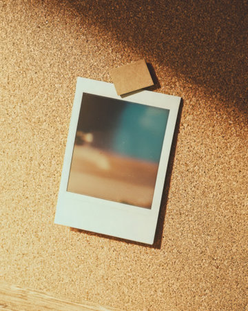 A Polaroid picture is attached to a corkboard with a small piece of tape. The background of the picture is out of focus, creating a sense of mystery.の素材