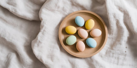 Small candy eggs in pastel colors are neatly arranged on a wooden plate. The setup features a soft, light fabric creating a cozy, seasonal feel perfect for spring celebrations.の素材