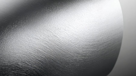 Close view of a shiny metal surface featuring a brushed texture. Light reflects softly off the smooth surface, highlighting its unique patterns and sleek appearance.の素材