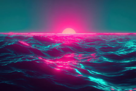 Waves gently roll in the ocean as a vibrant pink sun sets on the horizon, casting colorful reflections on the water's surface during twilight.の素材