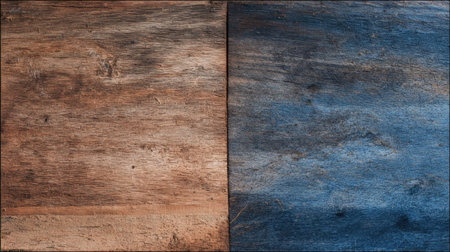 Two wooden panels showcase distinct textures and colors. The left side has a warm brown tone with noticeable grain, while the right features a cool blue hue with weathered details.の素材