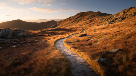 A narrow, winding stone path cuts through golden grasses under a colorful sunset sky. Rolling hills rise in the background, reflecting warm hues of evening light.の素材