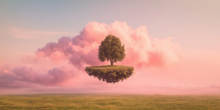 A lush green tree stands on a floating piece of land surrounded by soft pink clouds. The tranquil sky glows with warm colors, creating a peaceful and dreamlike scene.の素材