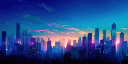 A stunning city skyline is visible at dusk, illuminated by beautiful colors.の素材